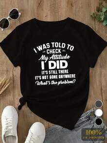 Cheek My Attitude Women's Graphic T-Shirt - Bold 'Check My Attitude' Slogan And Geometric Print, Casual Short Sleeve Crew Neck Top, Machine Washable, Comfortable For All Seasons, Humorous Style, Quality Fabric