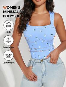 Women's Bodysuits Sexy Ribbed Strappy Square Neck Sleeveless Tummy Control Tank Tops Bodysuits