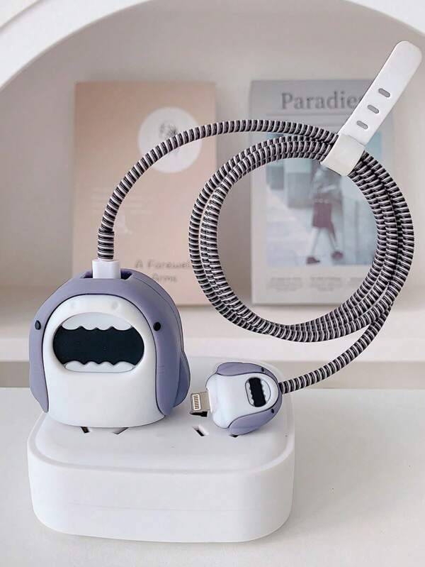 4pcs Grey Cartoon Cute Shark Design Protective Case Set Compatible With Apple 18/20W Charger & Cable, Includes Charger Adapter Cover, Cable Protector, Tidy Cable Management, Anti-Scratch, Anti-Collision, Anti-Dirt Charger Accessories Phone Accessories