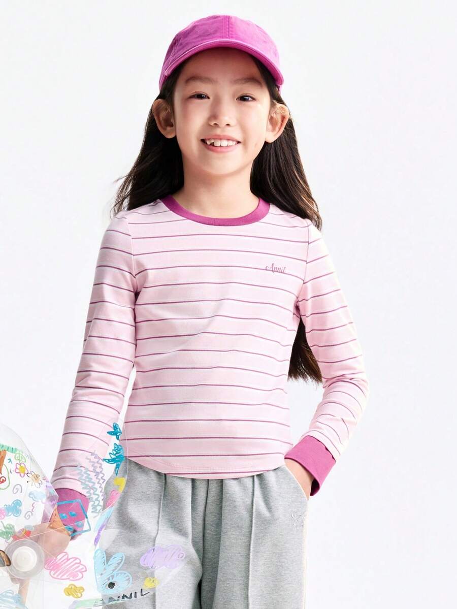 Annil Children's Clothing, Girls, Middle-Aged And Young Children, Teenagers, Round-Neck Long-Sleeved Knitted Sweaters, Sweet And Cool Cut Short Striped T-Shirts, Autumn