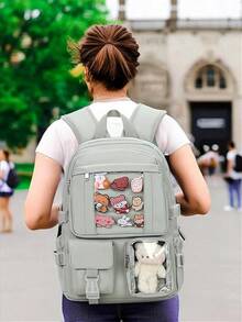 Kawaii Backpack For Teen Girls, Cute Aesthetic High Middle School College Bookbag With Accessories, Beige - Light Green - 查看 2