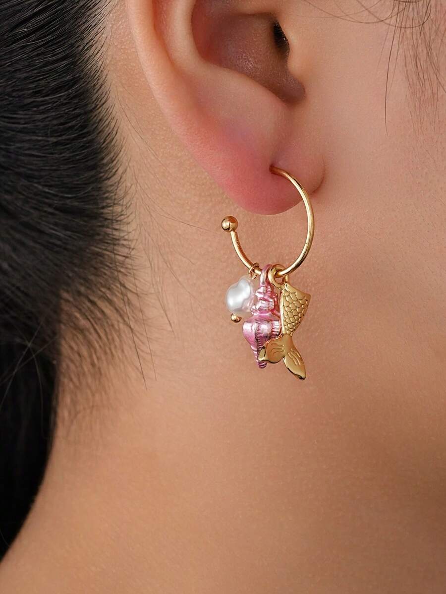 1 对金色海洋风格耳环，配珍珠、粉色贝壳和鱼尾吊坠，甜美童话海洋元素设计，适合度假佩戴 - 彩色 - 查看 1
