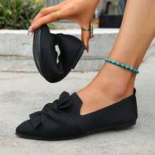 Women's Pointed Toe Bow Ballet Flats, Comfortable Slip-On Knit Flat Shoes For Spring & Autumn - Black - View 6