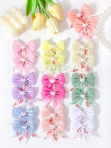 10入日系糖果色心形珍珠蝴蝶結髮夾，薄紗緞帶櫻花印花公主風女童髮飾 - 彩色 - 查看 5