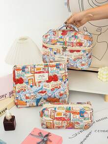 3 件/套兔子家庭绗缝包拉链包化妆包，时尚休闲时尚便携式化妆包，多功能，大容量大储物袋，可装钱包、口红、卫生巾、袋垫、硬币、钥匙、有线耳机、电缆、充电器、耳机、可爱洗漱用品收纳袋、旅行储物袋，适合女士、糖果、护士、女学生、节日礼物。