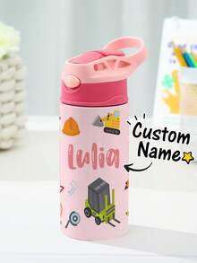 客製化兒童不鏽鋼水壺附矽膠吸管，12oz (350ml)，字母印花防漏兒童水杯，返校季 - 工程車 - 查看 14
