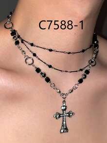 DareSee 1 chiếc dây chuyền nhiều lớp hình chữ thập, chất liệu kim loại nhiều màu sắc với đá zirconia đen, phong cách Gothic cá tính phù hợp cho cả nam và nữ, quà tặng dự tiệc và đeo hàng ngày, lễ hội âm nhạc. - Nhiều màu - Xem 9