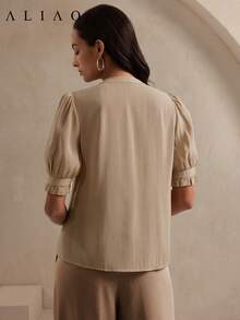 Aliao 精致蕾丝边透视薄纱立领荷叶边优雅泡泡袖衬衫，Old Money - 卡其色 - 查看 5