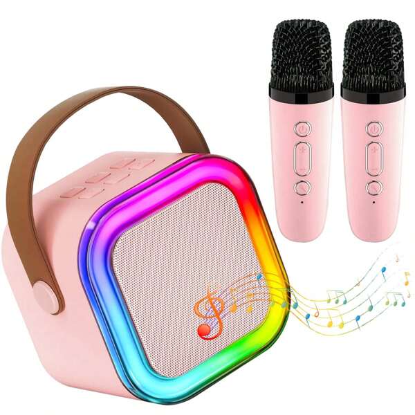 Mini equipo de karaoke para niños y adultos con 2 micrófonos inalámbricos, múltiples luces LED y altavoz de karaoke. Ideal como regalo de karaoke para niñas y niños de 4 a 12+ años, para fiestas de Navidad, juguetes para chicas, mini juguetes, juegos y regalos para adolescentes y chicos.