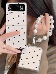 时尚可爱黑色波点白色亮面折叠手机壳,带激光珠链,兼容三星 Galaxy Z Flip7 Flip6 Flip5 4 3 5G,简约创意保护后盖 - 白底黑波點 - 查看 3