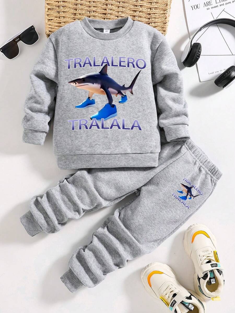 Toddler Cartoon Print Warm Crew Neck Sweatshirt And Pants Set - Grey - View 1