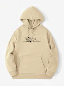 Felpa con cappuccio casual con stampa giapponese, vestibilità ampia, con tasche, maniche lunghe, da uomo