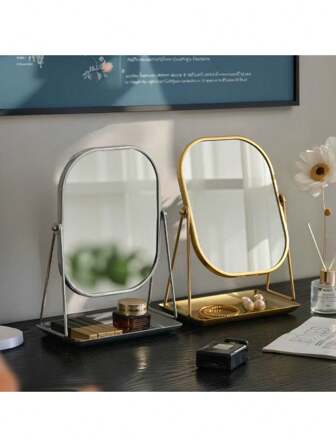 1pc Luxury Multifunctional Makeup Mirror With 360 Degree Rotation, Detachable Base, And Storage, Suitable For Home & Bathroom