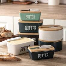 1pc 350ml Ceramic Butter Jar With Lid And Butter Knife, 4 Colors Available - Perfect For Home Cheese Jar, Butter Box, Butter Knife, Cheese Knife, Scraper - Butter Container, Sealed Butter Box, Butter Dish, Home Decor, Party & Christmas Storage