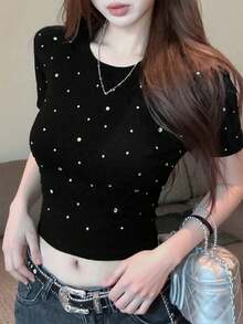 2025 New Summer Black Fitted Rhinestone Decor Short T-Shirt For Women Casual - Black - View 6