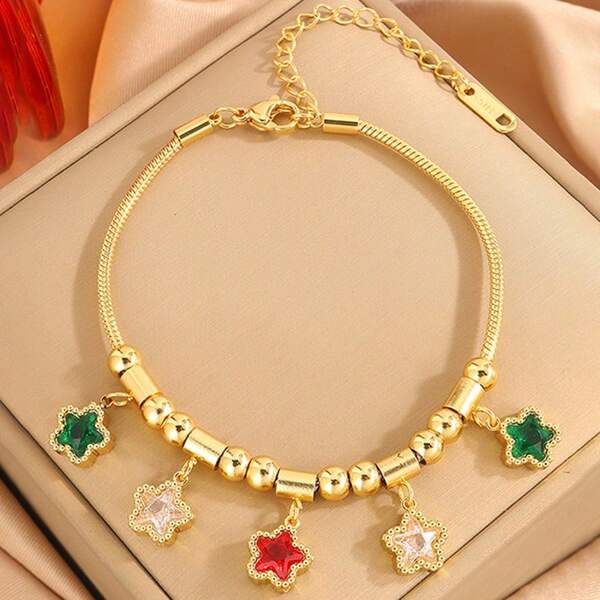 1 Stück süßes Edelstahl-Armband im minimalistischen Stil mit Mikro-Zirkonia - Smaragdgrüner Wassertropfen, Stern, Blumen, Herz Ketten-Armband für den täglichen Gebrauch und Partys von Frauen