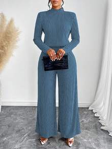 Amarilo 女士休闲优雅立领长袖阔腿连体裤秋冬时尚通勤简约长款连体衣 - 藍色 - 查看 6