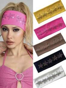 Bandă de păr pentru femei, bandă de transpirație, 1 buc., decor cu stras, culoare solidă, bandă de păr, bandă sport cu stele strălucitoare, accesorii de păr, bandă de păr la modă