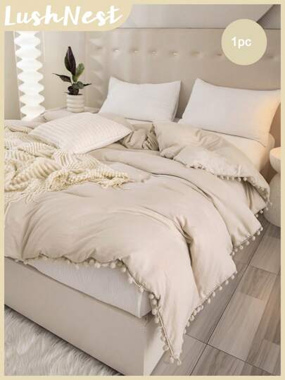 1 Funda nórdica con pompones beige para cama individual, matrimonial o king size, estilo bohemio y rústico. Funda de edredón suave, transpirable y ligera de microfibra para niños y niñas