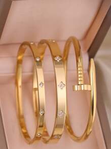 3pcs/1pc Fashion 18K Gold Plated Stainless Steel Four-Leaf Clover Nail Bracelet, Suitable For Women's Party, Daily Wear, European And American Style, Personalized, Generous, Luxury Cubic Zirconia Wristband, Wedding Jewelry Set, Gift For Girls, Women, Relatives, Friends, Beautiful Wedding, Birthday, Valentine's Day