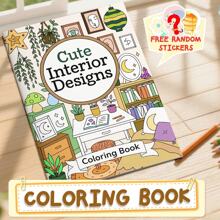 GDTME [كتاب تلوين الكنز] "تصميم داخلي" كتاب تلوين سميك من ورق اللؤلؤ مُحسّن، حجم A4 كبير مع تجليد خياطة، 24 تصميم إلهام ديكوري، إبداعي للكبار لتخفيف التوتر، يتضمن ملصقات عشوائية