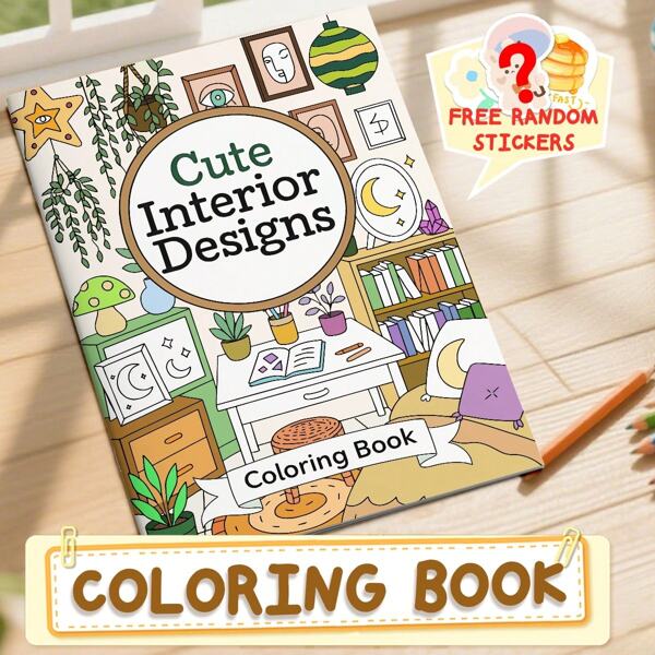 GDTME [Treasure Coloring Book] "Interior Design" 12-Page Thick Pearl Paper Upgraded Coloring Book, A4 Large Size Saddle Stitched Binding, 24 Decorating Inspiration Designs, Adult Stress Relief Creative Handmade, Includes Random Stickers