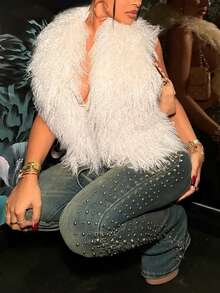 女士时尚 Y2K 性感露背吊带人造毛皮背心，适合日常外出、约会、夜总会派对