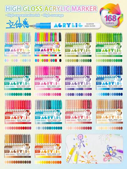 GuangNa 168 Vibrant Colors Acrylic Paint Markers | Bullet Tip (1.2mm) For Sharp Lines | High Coverage & Large Ink Capacity | 14 Sets, 12/Pack - Art, Crafts, Journaling Essential, Gift For Back To School