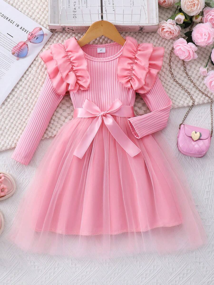 Toddler Girls' Long Sleeve Round Neck Frill Trim Ribbed Contrast Mesh Dress, Sweet & Cute, Versatile For Autumn/Winter - Pink - View 1