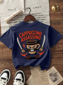 Boys & Teens Students Casual Printed Round Neck Short Sleeve T-Shirt, Summer Top