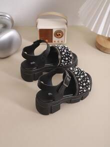 1 Pair Girls' Outdoor Sandals, New Summer Round Toe Patch Design, Shiny Thick Non-Slip Durable Sole, Fashionable Children's Roman Sandals - Black - View 4