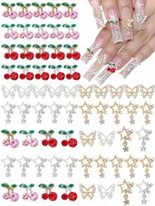 40个合金美甲饰品，银色金色3D蝴蝶、星星、樱桃、闪亮水钻美甲贴 - 彩色 - 查看 1