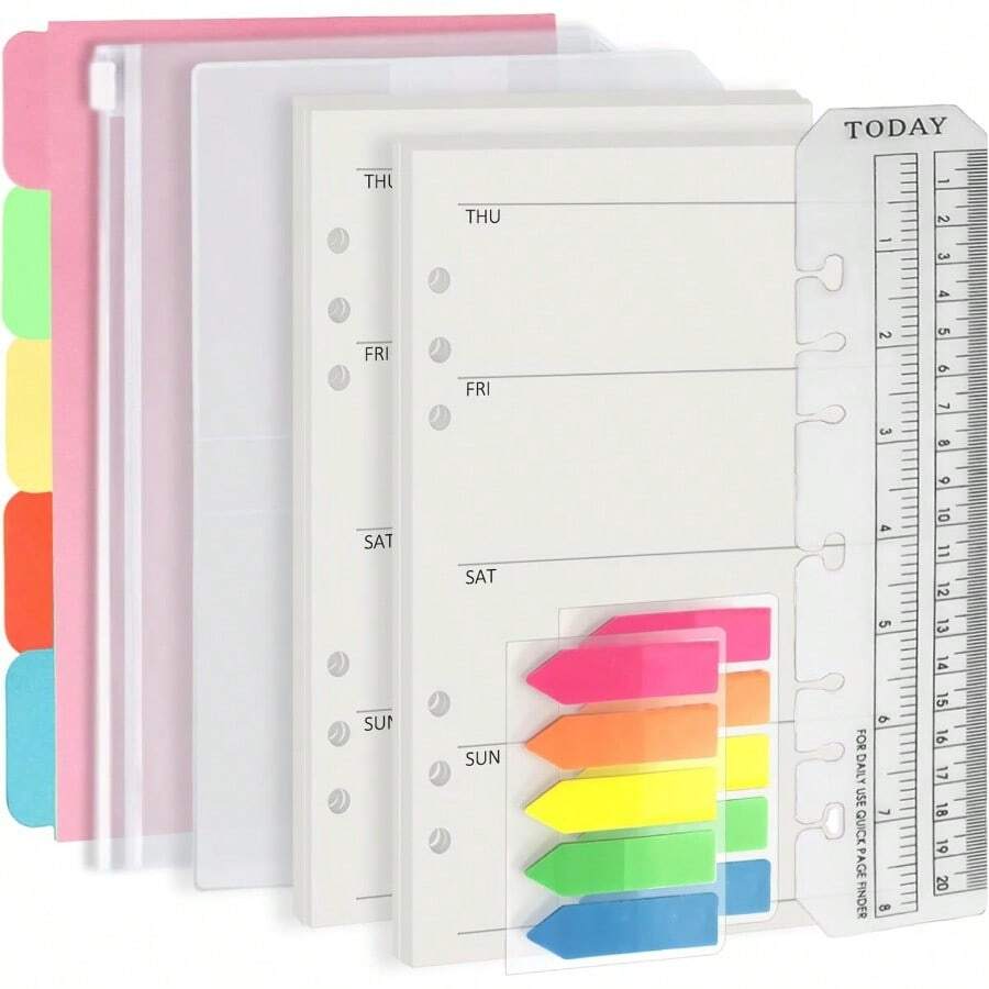 QY A5 6 Holes Binder Refill Value Set90sheets Weekly Plan Paper With Sticker And Divider Week Planner Inserts With Binder Pockets For A5 Binder 6 Hole Refillable Notebook 005da5week 5837 - WeekPaperSet - View 1