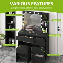 Dressing Table With Stool, Classic Style Vanity Desk With Adjustable 3-Colour LED Lights, Black - Black - View 6