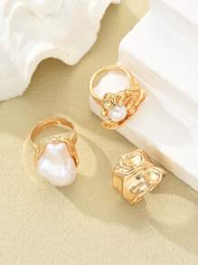 3 件复古不对称金属金色抽象戒指，巴洛克仿珍珠装饰戒指，可堆叠厚珠宝套装，适合女性日常和各种派对装饰、时尚服装搭配、节日礼物