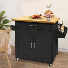 VA-Cerulean Kitchen Trolley With Wooden Top, Kitchen Trolley With Drawers And Shelves, Country Style Kitchen Trolley, Mobile Kitchen Trolley, Black. - Black - View 2