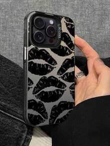 1pc IMD Material Transparent Black Phone Case With Camera And Black Lipstick Pattern, Compatible With IPhone11/12/13/14/15/15pro/15plus/15promax/7plus/8plus/X/Xsmax/Xr/11pro/12pro/13pro/14pro/12mini/13mini/11promax/12promax/13promax/14promax/14plus/6/6s/6plus/7/8/Se Waterproof Shockproof Anti-Fall Scratch Resistant - Black - View 3