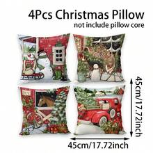 4pcs/280pcs Christmas Theme Pillow Covers, Snowy Night Green Scarf Santa Claus Sleigh Element Pattern, Suitable For Christmas Living Room Bedroom Sofa Decor, 45x45cm Pillow Covers, Christmas Party Gathering Decor, Christmas Party Restaurant Decor, Party Atmosphere Decoration, Excluding Pillow Inserts - Christmas Snowman Sled With Green Scarf On Snowy Night - View 9