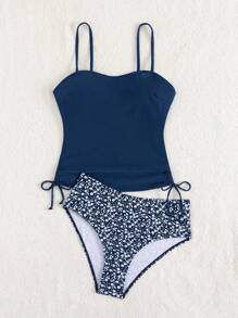 一套罗纹吊带背心和印花泳裤，高弹力，不透光，可机洗 - 女士时尚泳装 - 藏蓝色 - 查看 6