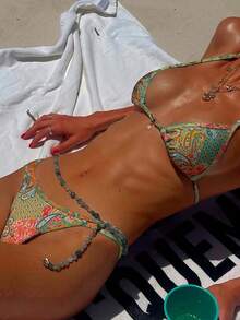 Bohemian Style Chiffon Printed Romantic Sexy Beachwear 4-Piece Set: Swimsuit, Cover-Up, Skirt