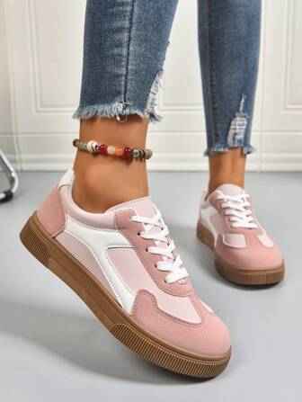 女式拼色圆头系带平底运动鞋，休闲帆布学院风鞋，春秋季