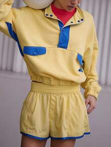 Women's Early Fall Sports Two Piece Contrast Half Placket Elasticated Waistband Top Elasticated Waistband Shorts - 黃色 - 查看 4