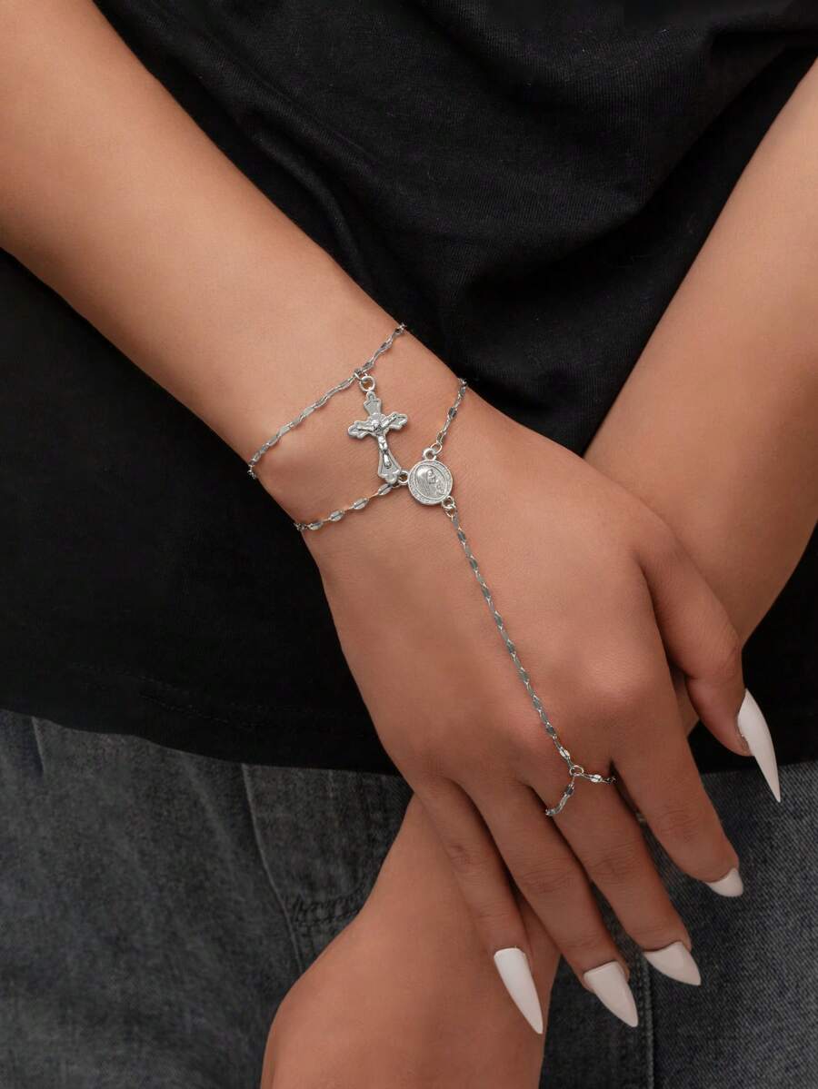 2 件波西米亚风格双层锌合金耶稣标签和十字架吊坠手链，适合节日、礼物、日常佩戴