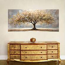 1 件优雅的生命之树金叶帆布墙画 - 50*100 厘米无框秋季风景印刷品，金色和米色，现代客厅家居装饰，墙画 | 优雅墙画 | 装饰画，墙面艺术装饰 - 彩色 - 查看 5