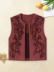 Cowgirl Vest Western Outfit For Women Embroidery Faux Suede Vest Cropped Cardigan Boho Top - Brown - View 5
