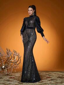 Lộng lẫy, Hàng mới về, Cổ cao, Đính sequin, Thanh lịch, Váy dạ hội, Thắt eo, Tay phồng, Ôm sát, Chân váy đuôi cá, Thích hợp cho tiệc tối, dự tiệc, váy dự đám cưới, váy dạ hội (Không định hình) - màu đen - Xem 5