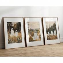 3 件套墙面艺术海报（可选框架）鬼魂墙面艺术，秋季恐怖万圣节 3 件套印刷品，秋季乡村风景画，鬼魂万圣节装饰，可打印