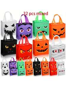 24个/1个万圣节卡通礼品袋，采用无纺布材质，带提手。这些可重复使用且防水的袋子非常适合生日庆祝活动、万圣节主题派对、万圣节无纺布袋、恐怖南瓜表情礼品袋、万圣节活动、节日聚会、零售购物和礼品包装、家庭生日派对礼品包装装饰。