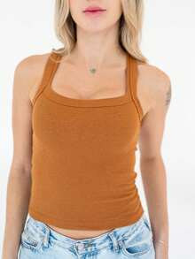 Women's Ribbed Tank Top Cotton With Elastane - Camel - View 2