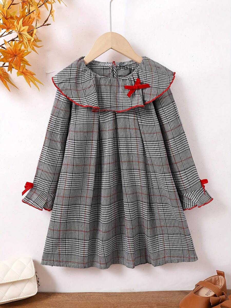 女童黑色格子蝴蝶结领荷叶边下摆连衣裙，适合春秋季节 - 灰色 - 查看 1